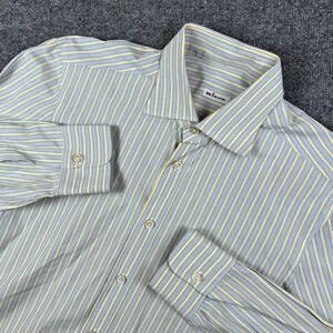 Kiton Shirt Mens 42 Blue Yellow Striped Long Sleeve Button Up Spread Collar